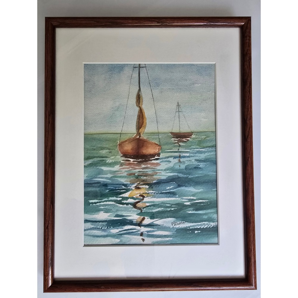 Original P Foster Watercolor Sailboat Painting Signed Framed Coastal Wall Art